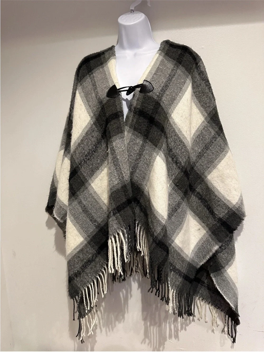 Cozy Black & Cream Plaid Fringe Poncho - Shawl cover up studio select